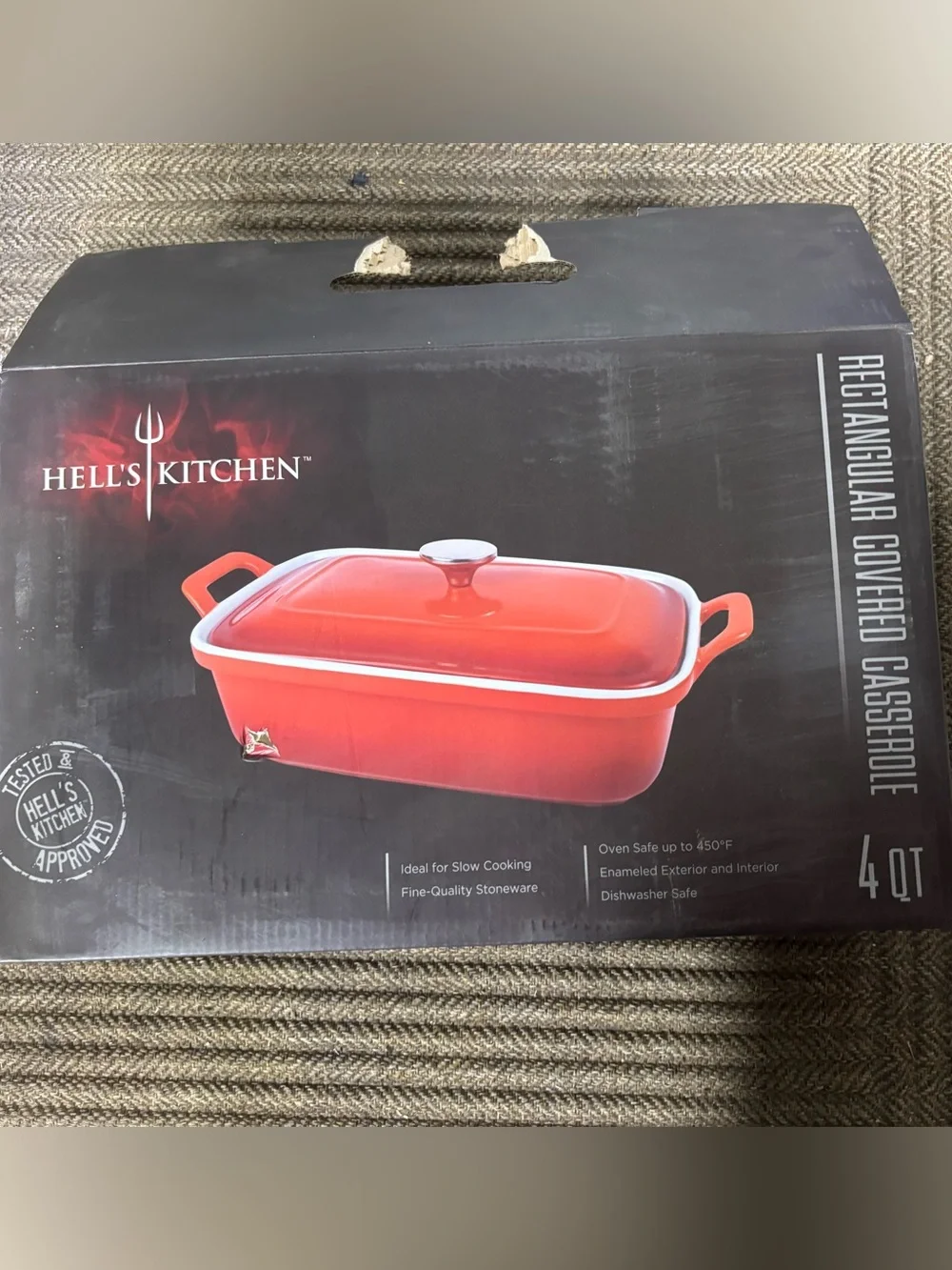 Hells kitchen orange ceramic 4qt bakeware rectangular covered casserole dish
